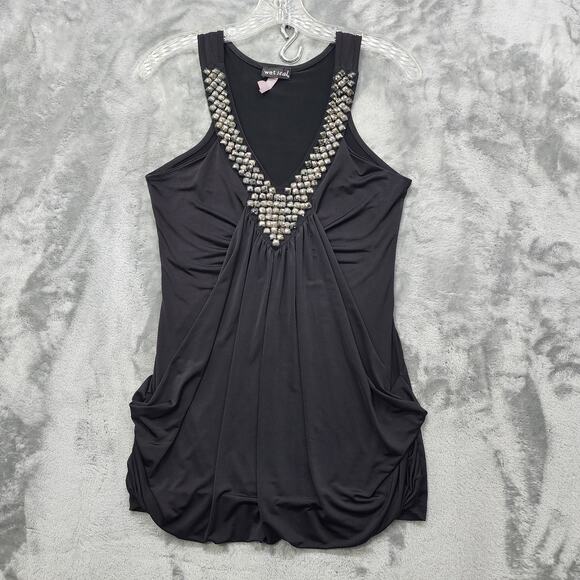 Wet Seal Tops - Vintage Y2K Wet Seal Top Womens M Black Studded V-Neck Drape Front Tank Biker